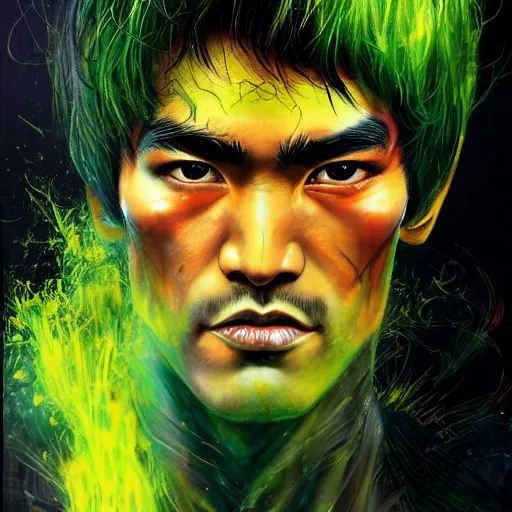 Image similar to a demon slayer portrait of bruce lee, tall, pale - skinned, and slender with lime green eyes and long eyelashes by stanley artgerm, tom bagshaw, arthur adams, carne griffiths, trending on deviant art, street art, face enhance, chillwave, maximalist, full of color, glittering