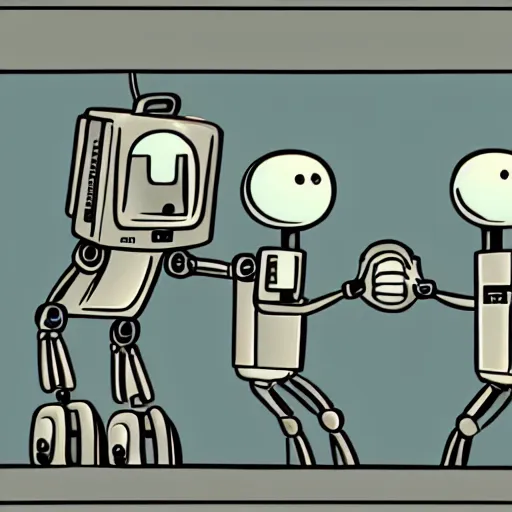 Image similar to two robots shaking hands with each other, an illustration of by tom gauld, behance contest winner, les automatistes, future tech, sci - fi, quantum wavetracing