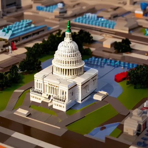 Prompt: washington dc, capitol building, legos, legoset, vintage, aerial view, double - exposure, 3 d, floodlight, ray tracing reflections