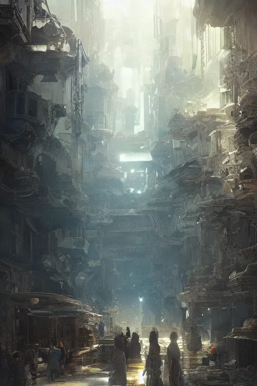 Image similar to inside the street of the city of atlantis, powerfull, intricate, elegant, volumetric lighting, digital painting, highly detailed, artstation, sharp focus, illustration, concept art, ruan jia, steve mccurry