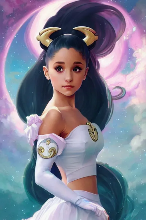 Image similar to ariana grande as sailor moon, fantasy, intricate, elegant, highly detailed, digital painting, artstation, concept art, matte, sharp focus, illustration, art by Artgerm and Greg Rutkowski and Alphonse Mucha