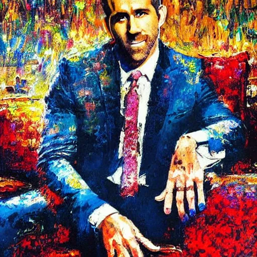 Image similar to ryan reynolds by leroy neiman, intricate, ultra detailed painting, atmospheric lighting, golden hour