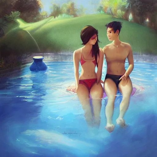 Prompt: two people thinking of each other in their pool, by ross tran, oil on canvas