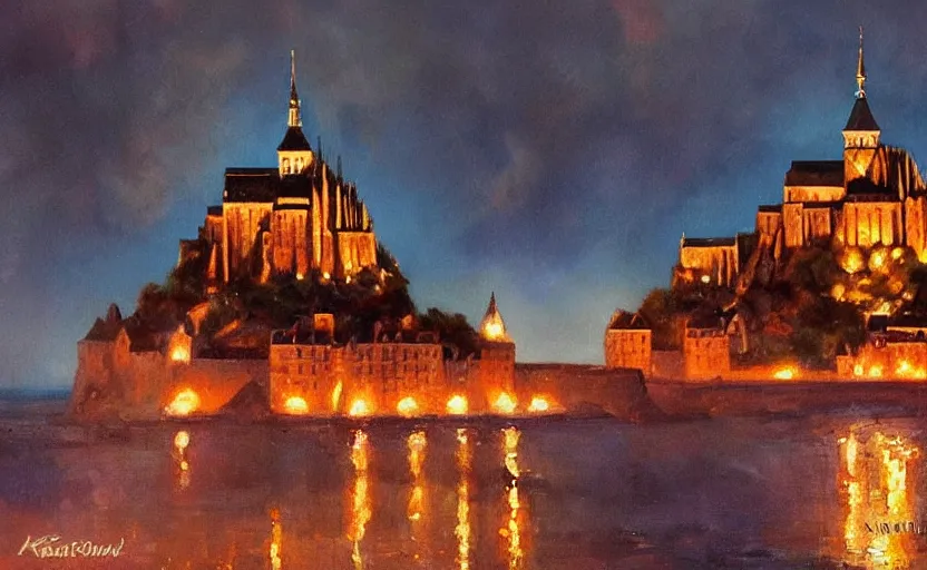 Image similar to Mont Saint Michel on fire at nighttime. Flames, burning. By Konstantin Razumov, highly detailed