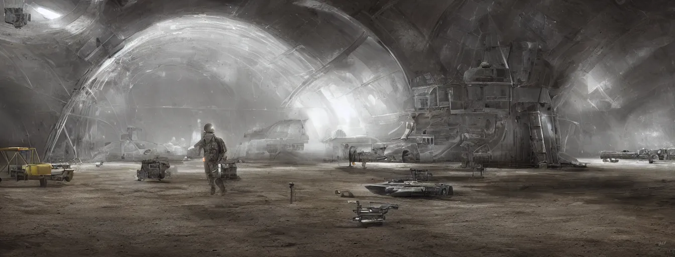 Image similar to engineer repairs special flying saucer full of modern military equipment, in the hall of area 55, high detail, ground fog, wet reflective ground, saturated colors, by James Paick, render Unreal Engine-H 704