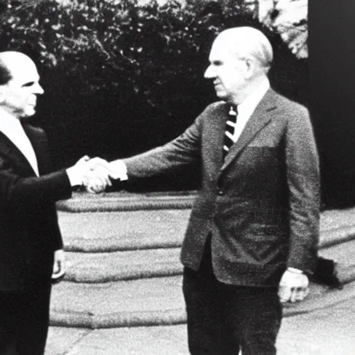 Prompt: Reptilian creature shaking hands with Nixon, photo pic set in 1920s