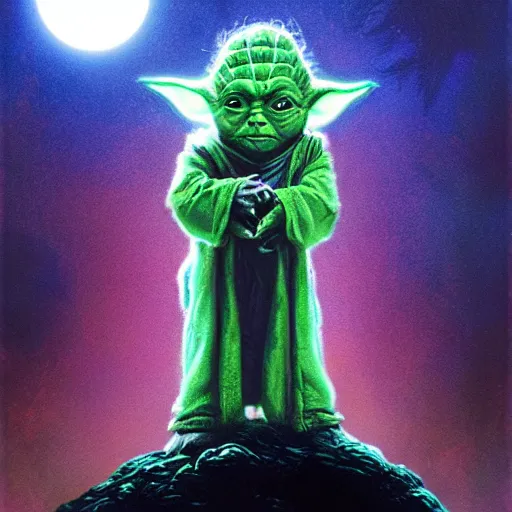 Image similar to portrait of yoda howling at the moon as a wolfman, overwhelming energy, detailed background by m. w. kaluta + bruce pennington, dark side, neon color, volumetric lighting, colorful vapor, deep dark color, floating molecules, digital painting, oil painting, artwork by ralph mcquarrie + cory loftis + andreas rocha + paul lehr + ian mcque + eddie mendoza