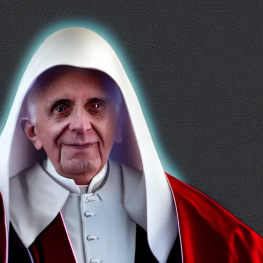 Image similar to pope benedict wearing sith cloak as chancelor palpatine in star wars episode 3, 8 k resolution, cinematic lighting, anatomically correct