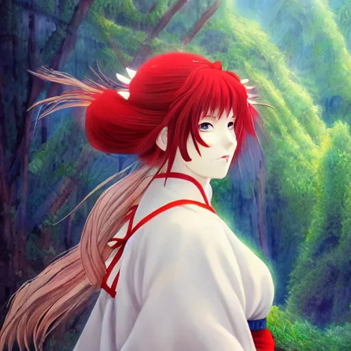 Image similar to portrait of the shrine maiden of the misty mountain, anime fantasy illustration by tomoyuki yamasaki, kyoto studio, madhouse, ufotable, comixwave films, trending on artstation