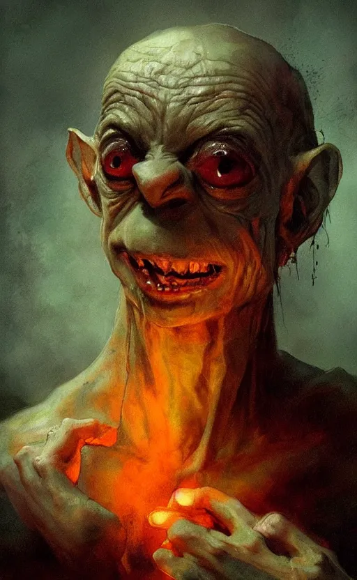 Prompt: a beautiful painting of gollum holding the ring and crying, by rembrandt and greg rutkowski, rembrandt lighting, beautiful composition and structure, high contrast, high saturation, vivid ember colors, cross hatching featured on artstation, shading study, lighting study, studio lighting