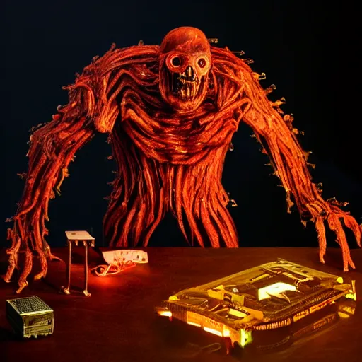 Image similar to a mechanical and human hybrid, size of a box, fleshy computer clump, clumps of hair, teeth, led, lights, blood, doom monster,