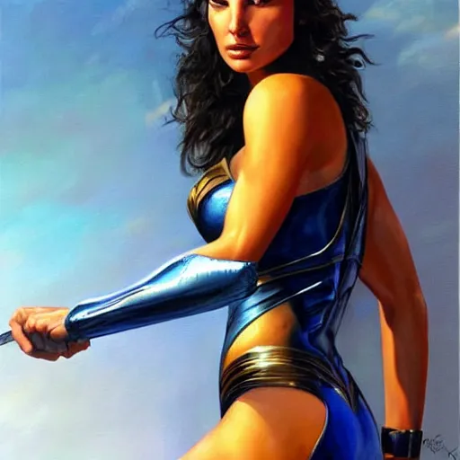 Prompt: a striking hyper real painting of Gal Gadot by boris vallejo.