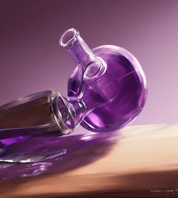 Image similar to a closeup of a purple potion in a round bottle on a messy desk. by makoto shinkai, stanley artgerm lau, wlop, rossdraws, james jean, andrei riabovitchev, marc simonetti, krenz cushart, sakimichan, d & d trending on artstation, digital art