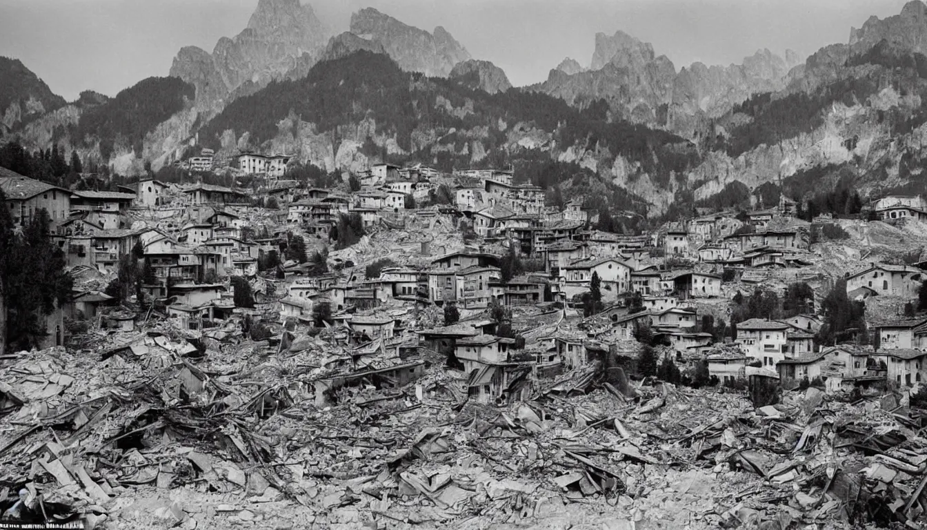 Image similar to an italian town in the dolomites mountains destroyed after heavy artillery shelling and bombardments