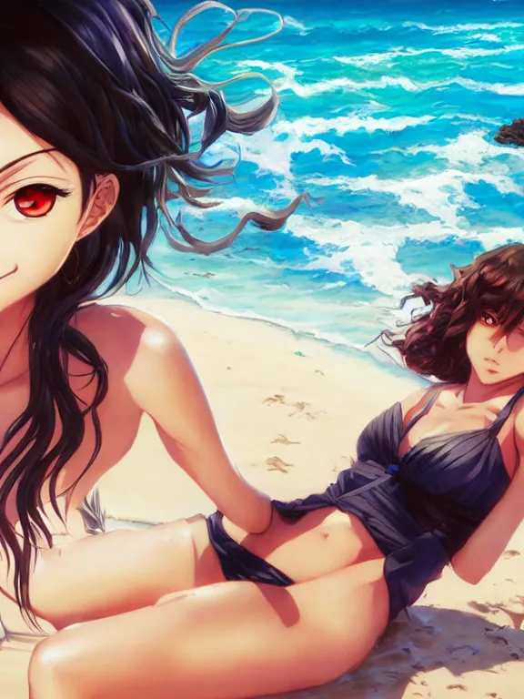 Image similar to An anime portrait of a smiling ((Morena Baccarin)) on the beach near the ocean, by Stanley Artgerm Lau, WLOP, Rossdraws, James Jean, Andrei Riabovitchev, Marc Simonetti, and Sakimi chan