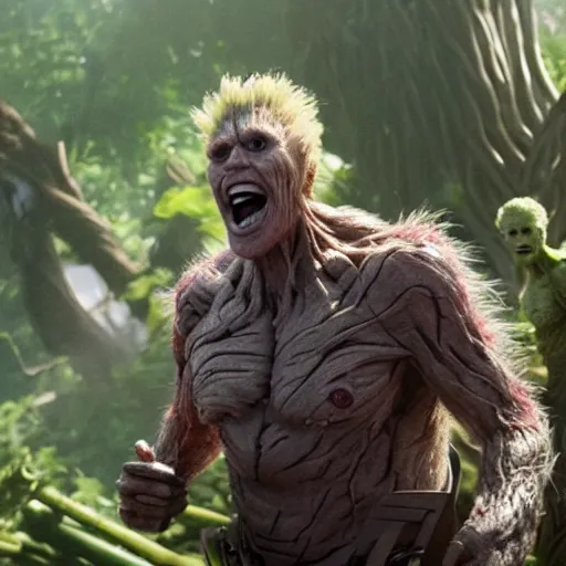 Prompt: film still of Gary Busey as Groot in Guardians of the Galaxy