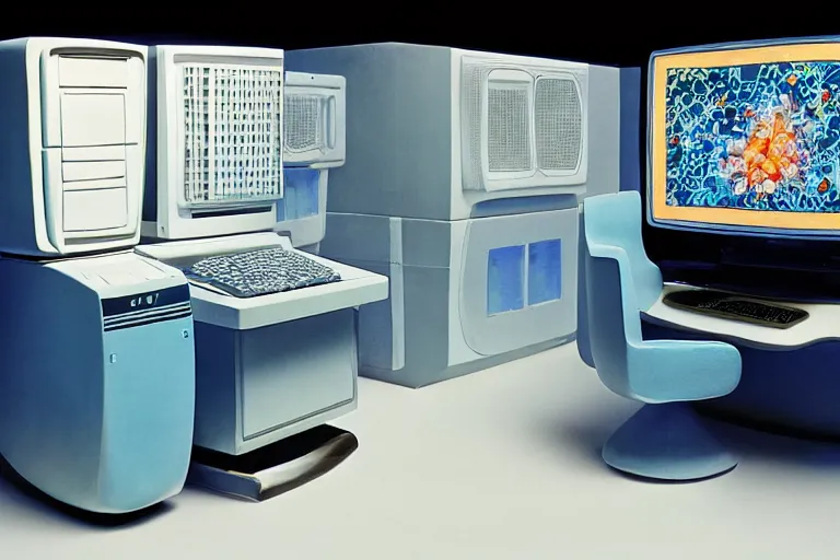 Image similar to an extremely realistic life-sized computer mainframe made of porcelain, beautiful model made of plastic sitting on a starry blue couch, from 1985, bathed in the glow of a crt television, low-light photograph, in style of Tyler Mitchell