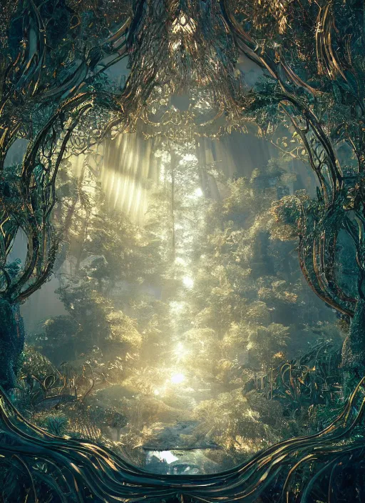 Prompt: beauteous sumptuous white pearlescent iridescent organic forest, crystal, gold, copper, bronze biomechanical with incredible iridescent pearlescent voluminous neon vegetation, crystalline masterpiece incrustations, hyperdetailed animals, movie still, intricate, octane render, cinematic forest lighting, unreal engine, crepuscular rays, god rays