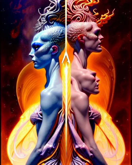 Image similar to a portrait of gemini water and fire fantasy character portrait facing each other, ultra realistic, wide angle, intricate details, the fifth element artifacts, highly detailed by peter mohrbacher, hajime sorayama, wayne barlowe, boris vallejo, aaron horkey, gaston bussiere, craig mullins