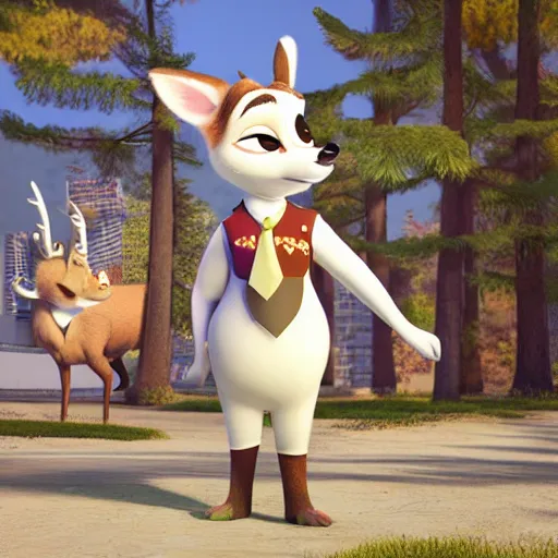 Image similar to portrait, 3 d render, tall slightly fat, anthropomorphic female deer, wearing along white dress, in the style of zootopia,