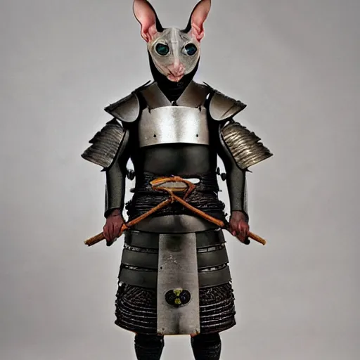 Image similar to samurai armor worn by hairless sphynx cat