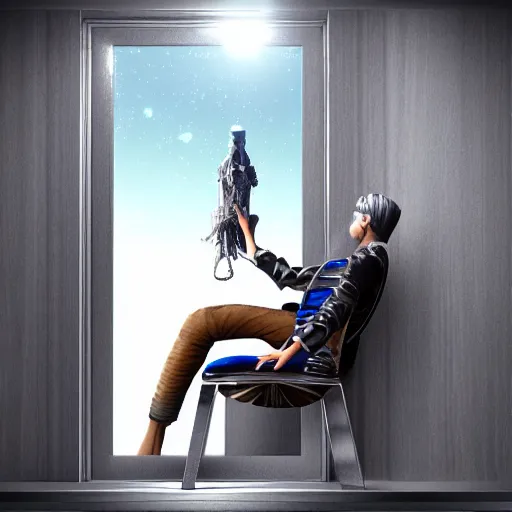 Prompt: Using photorealism draw a futuristic space cowboy sitting on a chair in a door that leads to the universe, mind blowing, blender, Hyper realism