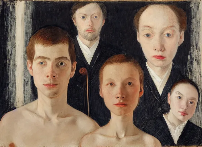 Image similar to portrait of two young nervous violin players getting ready to perform, half figure front, vincent lefevre and pat steir and hilma af klint and james jean, psychological, photorealistic, symmetrical faces, intriguing eyes, rendered in octane, altermodern, masterpiece