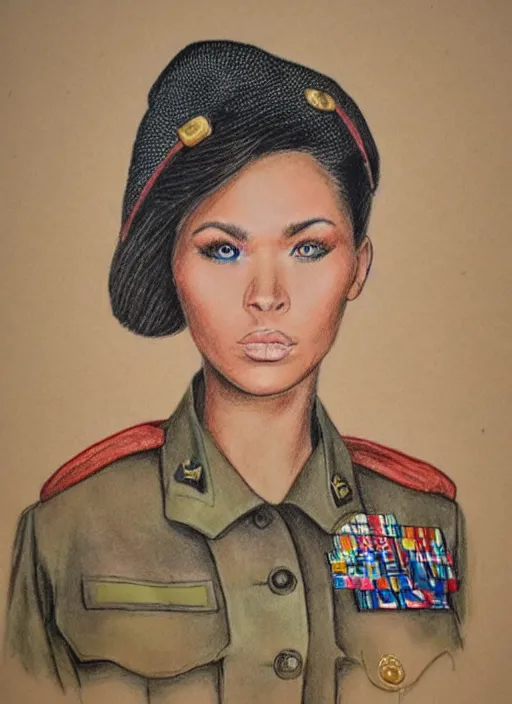 Image similar to full body detailed colored pencil drawing of a beautiful female military with a beautiful face wearing intricate clothing