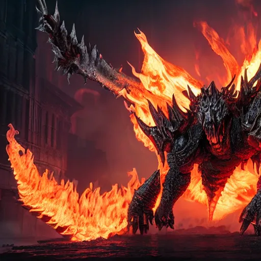 Image similar to 4k_unreal_engine_render_of_Deathwing_spreading_his_fire_in_a_epic_way_dynamic_lighting_stunning_visuals_cinematic_ultra_detailed_trending_on_art