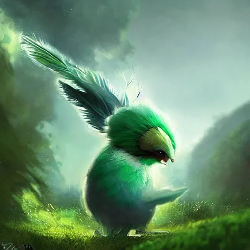 Image similar to a cute beautiful earth type pokemon, green feathers bursting out of his hair, full body shot, highly detailed digital art, 3 d perspective, award - winning illustration, aesthetic, smooth, pokemon style, made by greg rutkowski, with an alien landscape in the background