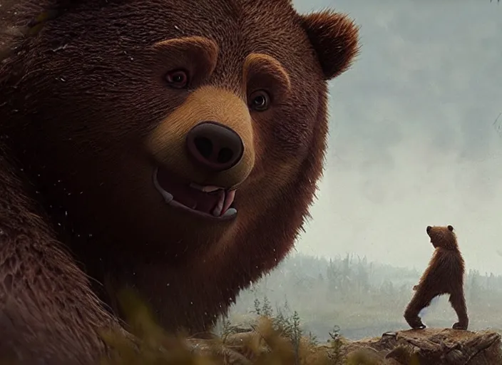 Prompt: close up cinematic artwork of yogi the bear staring down the enemy on the battlefield by Greg Rutkowski, 4k, masterpiece