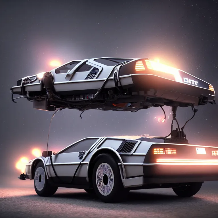 Image similar to a cinematic shot of a bttf delorean, bttf delorean, mr fusion, octane render, volumetric lighting, nvidia raytracing demo, by Andy Thomas, Mario Martinez, Daniel Mirante, Gustave Dore, Artstation, CGsociety, masterpiece