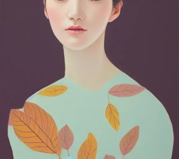 Prompt: detailed pastel colors portrait of a woman with a dress made of autumn leaves, by hsiao - ron cheng, fine detail, 8 k