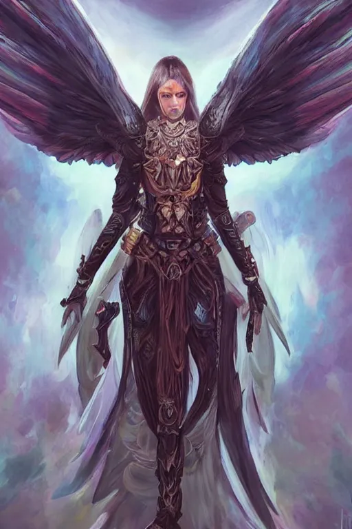 Prompt: half-Body portrait of Angel-Woman with full body armour, big wings, religious tattoos on her neck, art by Artgerm and Paul Andrew Jones, high Fantasy,D&D, aesthetic, sharp focus