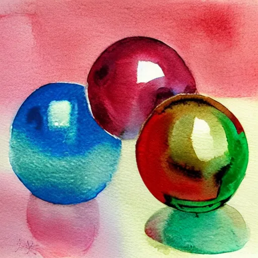 Prompt: chrome spheres on a red cube, watercolor