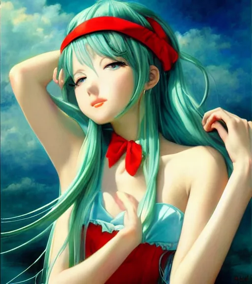 Prompt: Anime art very beautiful Hatsune miku by Gil Elvgren, Vladimir Volegov, Earl Moran, Enoch Bolles