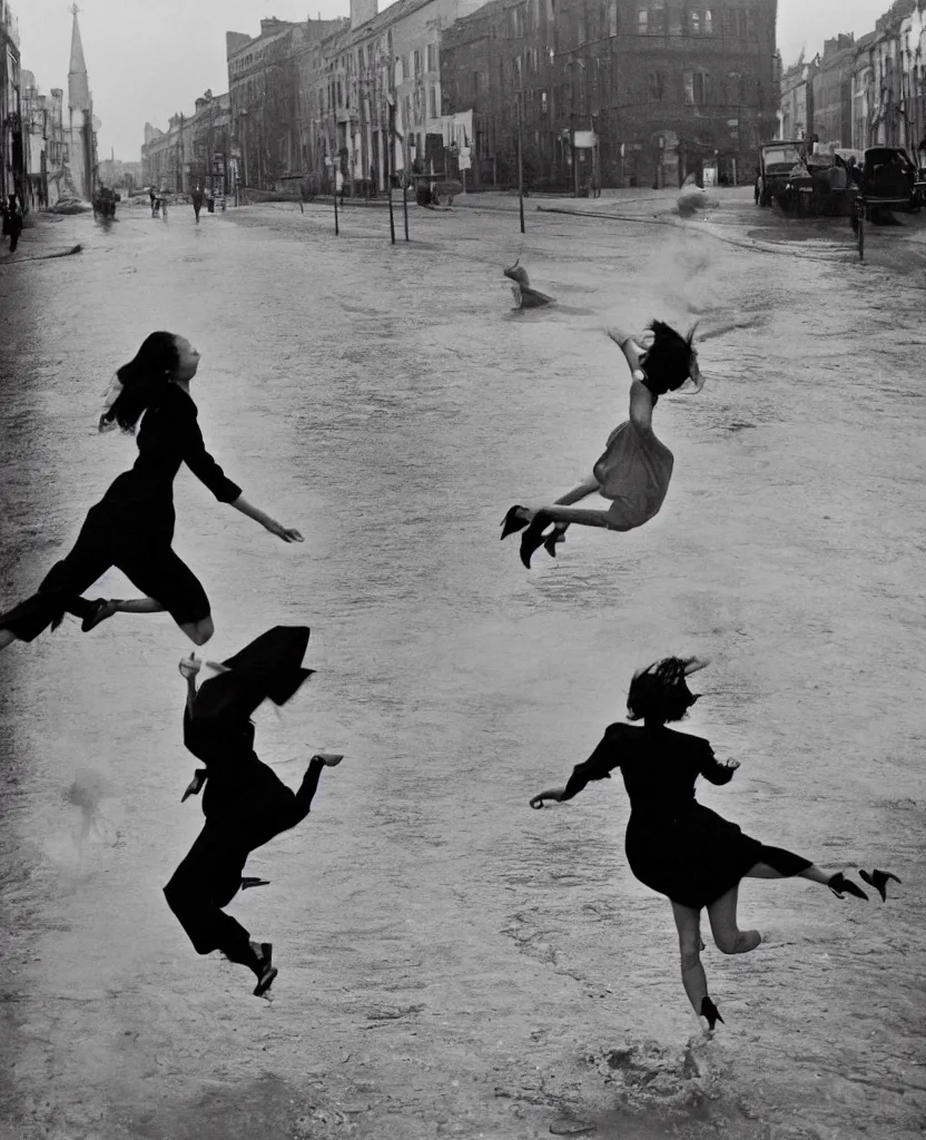 Prompt: A woman wearing a dress, long legs, leaping over a large puddle in the street, the decisive moment, photographed by Henri Cartier-Bresson on a Leica camera