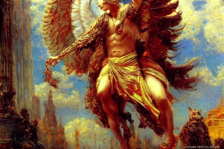Image similar to portrait of the god hermes in modern times flying through a city to delivering pizza. art by gaston bussiere.