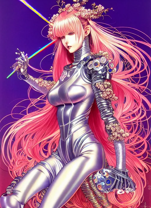 Image similar to highly detailed hajime sorayama terada katsuya artstation manga poster of girl mechine, rainbow gradient reflection bloom, long hair, weapon, armor, dress, laces, ruffles, 8 k, maximalist, ayami kojima, alphonse mucha