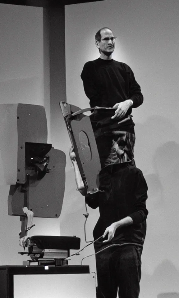 Prompt: steve jobs revealing their new hand saw at a keynote, press photo