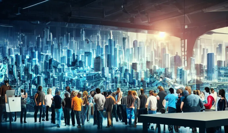 Image similar to large group people in a frame warehouse, looking at hologram of futuristic city on a table, cinematic concept art, godrays, golden hour, natural sunlight, 4 k, clear details, tabletop model buildings, center tabletop model, hologram center, crane shot, crane shot, crane shot