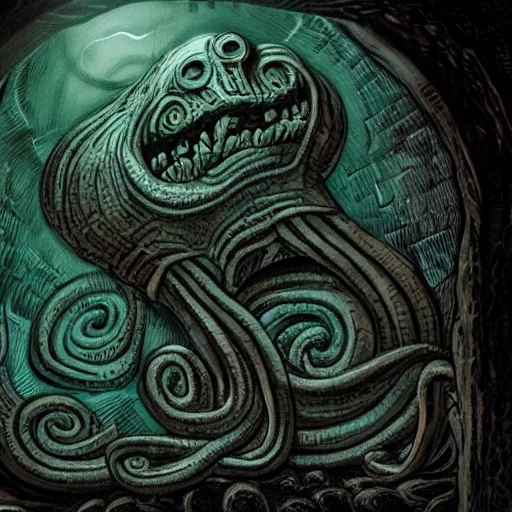 Image similar to photography of a tentacle monster looking at hieroglyphs, eerie atmosphere, cinematic lighting, cosmic apocalypse, hp lovecraft, hr giger