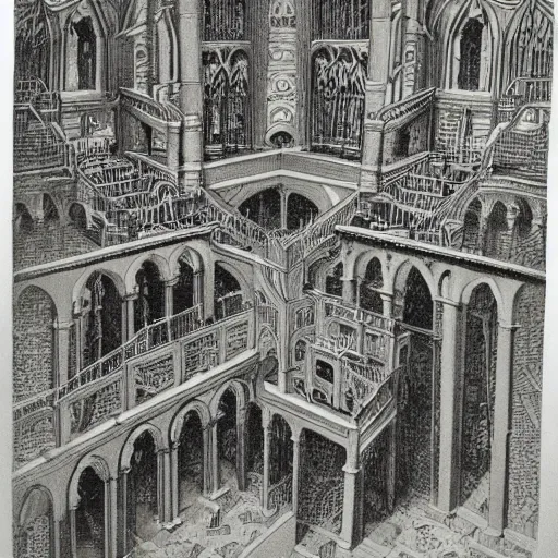 Image similar to escher print of impossible cathedral