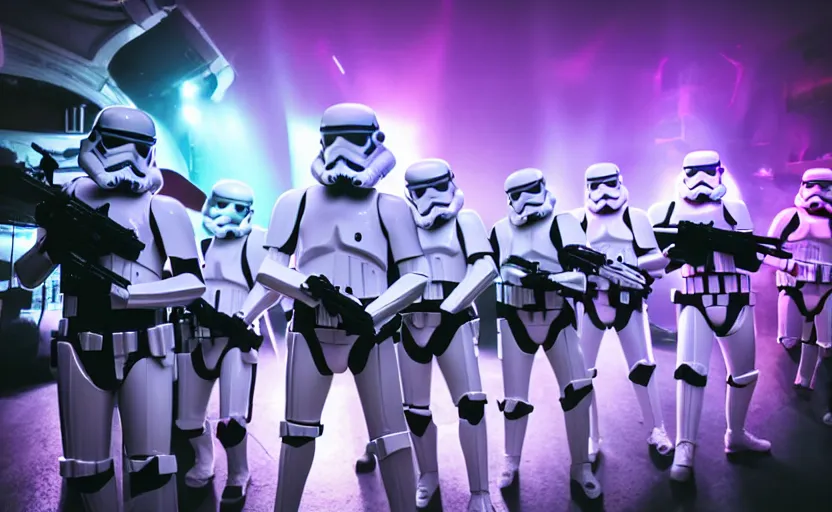Prompt: bunch of stormtroopers having a moshpit in the club, neon lighting atmosphere, ethereal photograph lens flare, realistic,