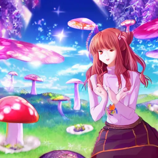 Prompt: beautiful anime girl picking magic mushrooms fantasy land