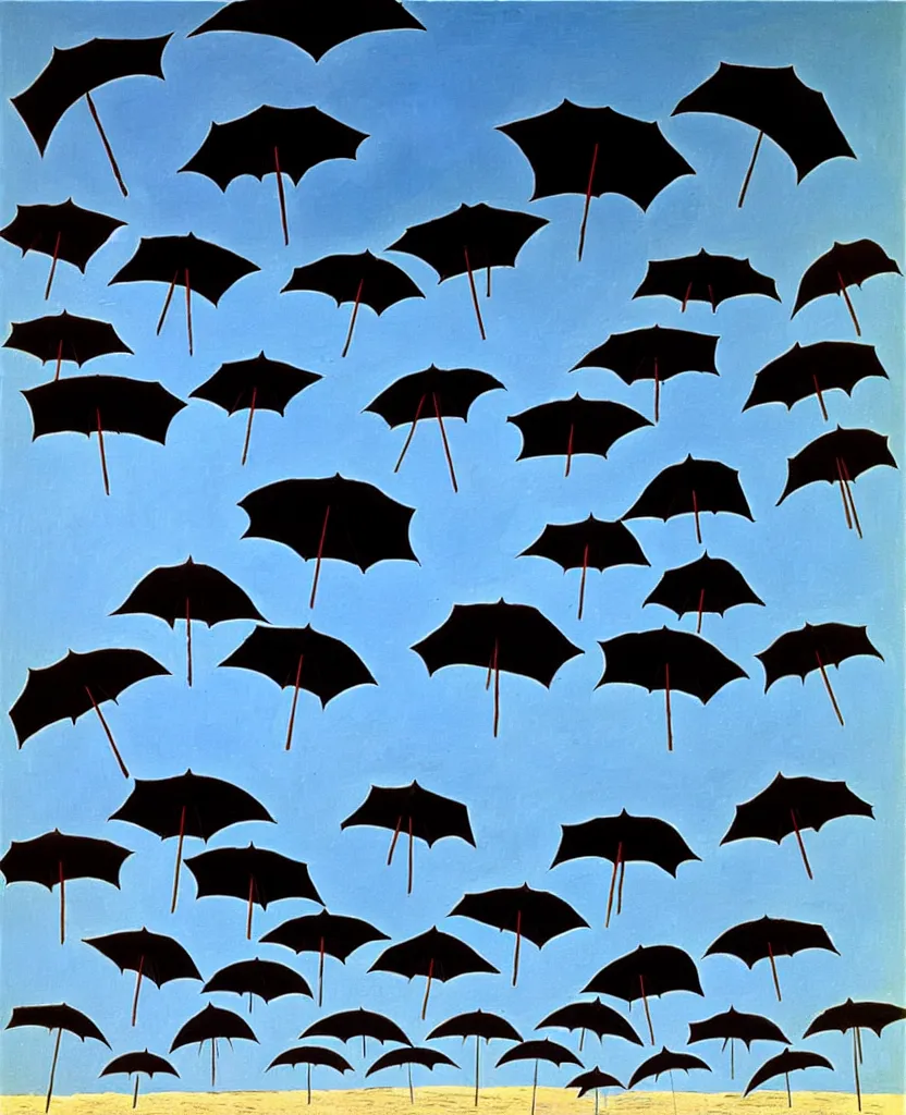 Prompt: oil painting of dozens of black umbrellas against a blue sky. picasso, dali.