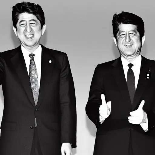 Image similar to shinzo abe and jfk pointing pistols at each other and laughing, photo style