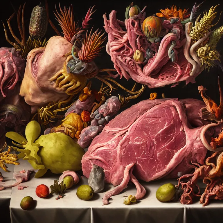 Image similar to still life of beautiful pastel tropical alien flowers, tropical fruit, human spine, rotten meat flesh with colorful mold, muscle tissue, spikes, baroque painting, beautiful detailed intricate insanely detailed octane render, 8K artistic photography, photorealistic, chiaroscuro, Raphael, Caravaggio