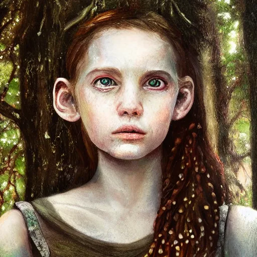 Image similar to a candid portrait of a girl wearing in the woods, atmospheric, highly detailed, portrait painting, fairytale, fantasy, illustration by scott gustafson