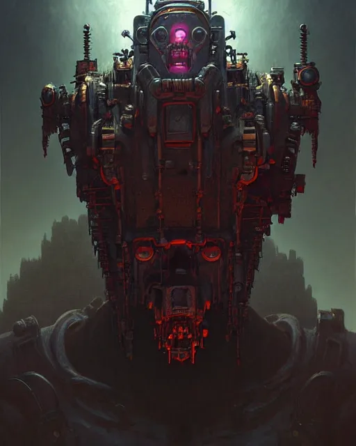 Prompt: bastion from overwatch, evil sinister robot, character portrait, portrait, close up, concept art, intricate details, highly detailed, horror poster, horror, vintage horror art, realistic, terrifying, in the style of michael whelan, beksinski, and gustave dore